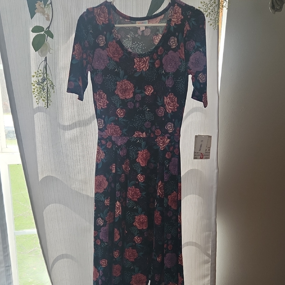LuLaRoe Black and Purple Floral Midi Nicole Dress